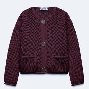 Zara Chunky Knit Cardigan Sweater Eggplant Purple Goldtone Buttons Small